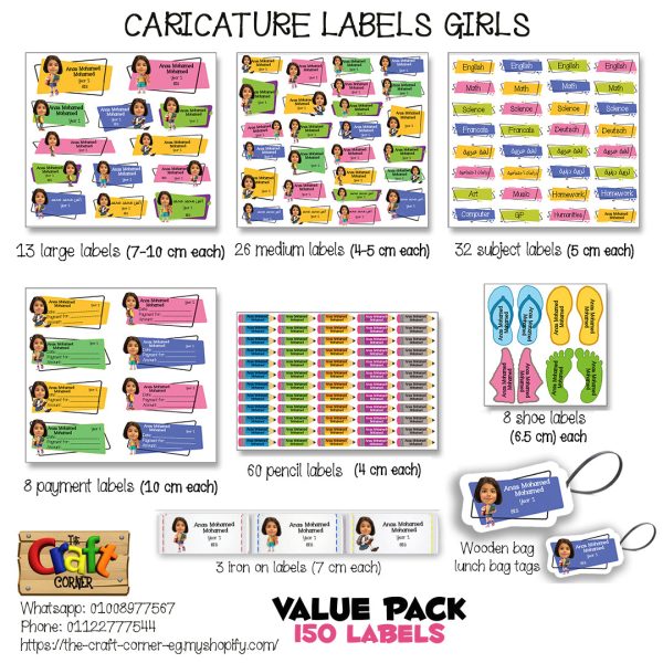 Caricature personalized (Girls) labels packs Fashion